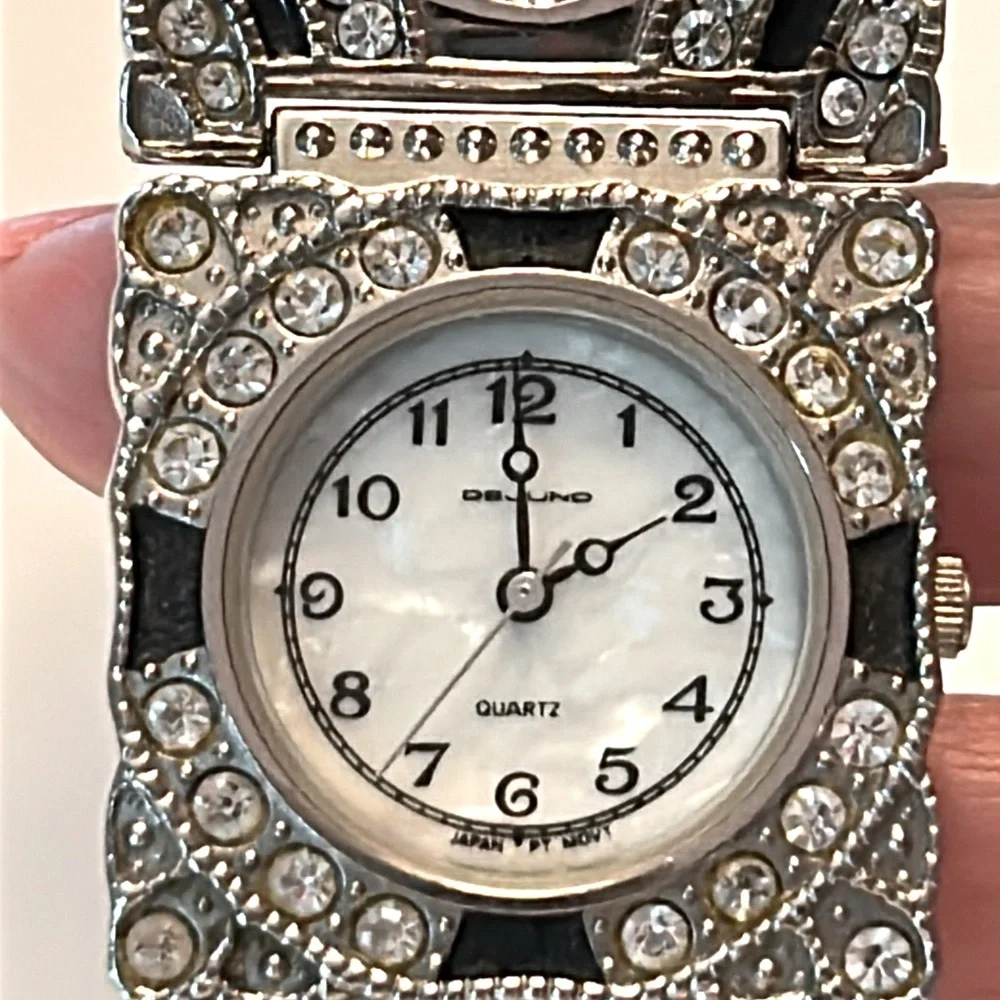 Vintage Dejuno Art Deco silver and black sparkly wide metal quartz watch